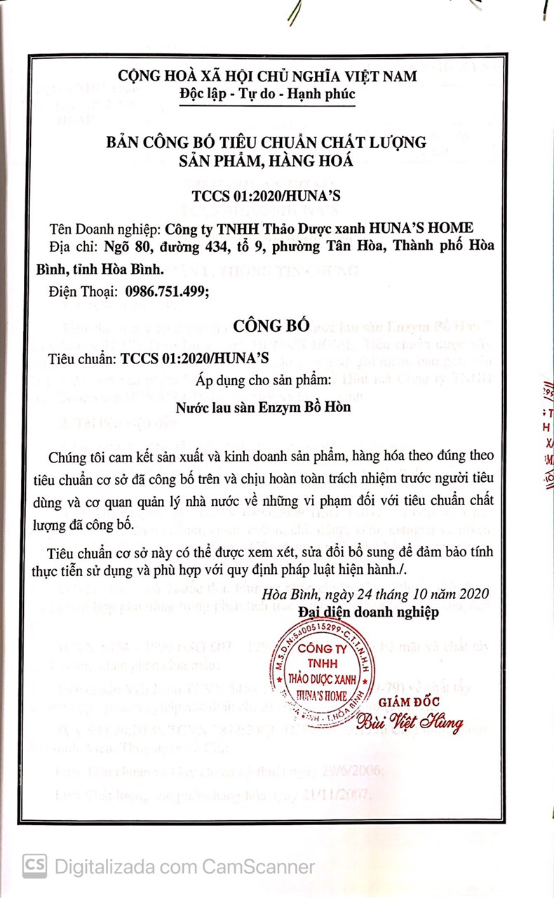 Nước lau sàn enzyme bồ hòn quế Huna'shome chai 1 lít