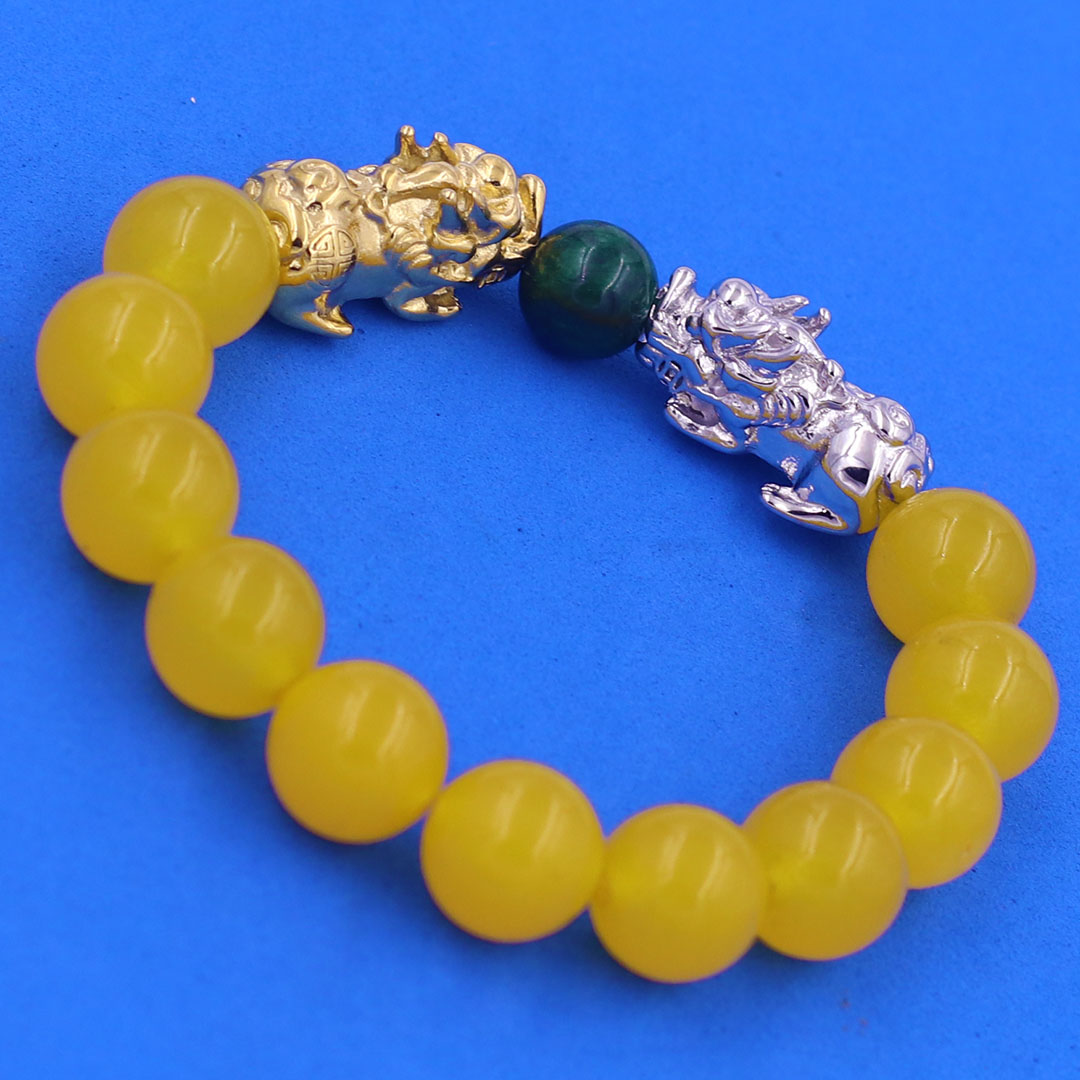 Vòng chuỗi đeo tay đa thạch anh vàng 12 ly charm tỳ hưu đôi inox trắng và vàng, vòng chuỗi phong thủy, charm tỳ hưu, vòng tay hạt chuỗi