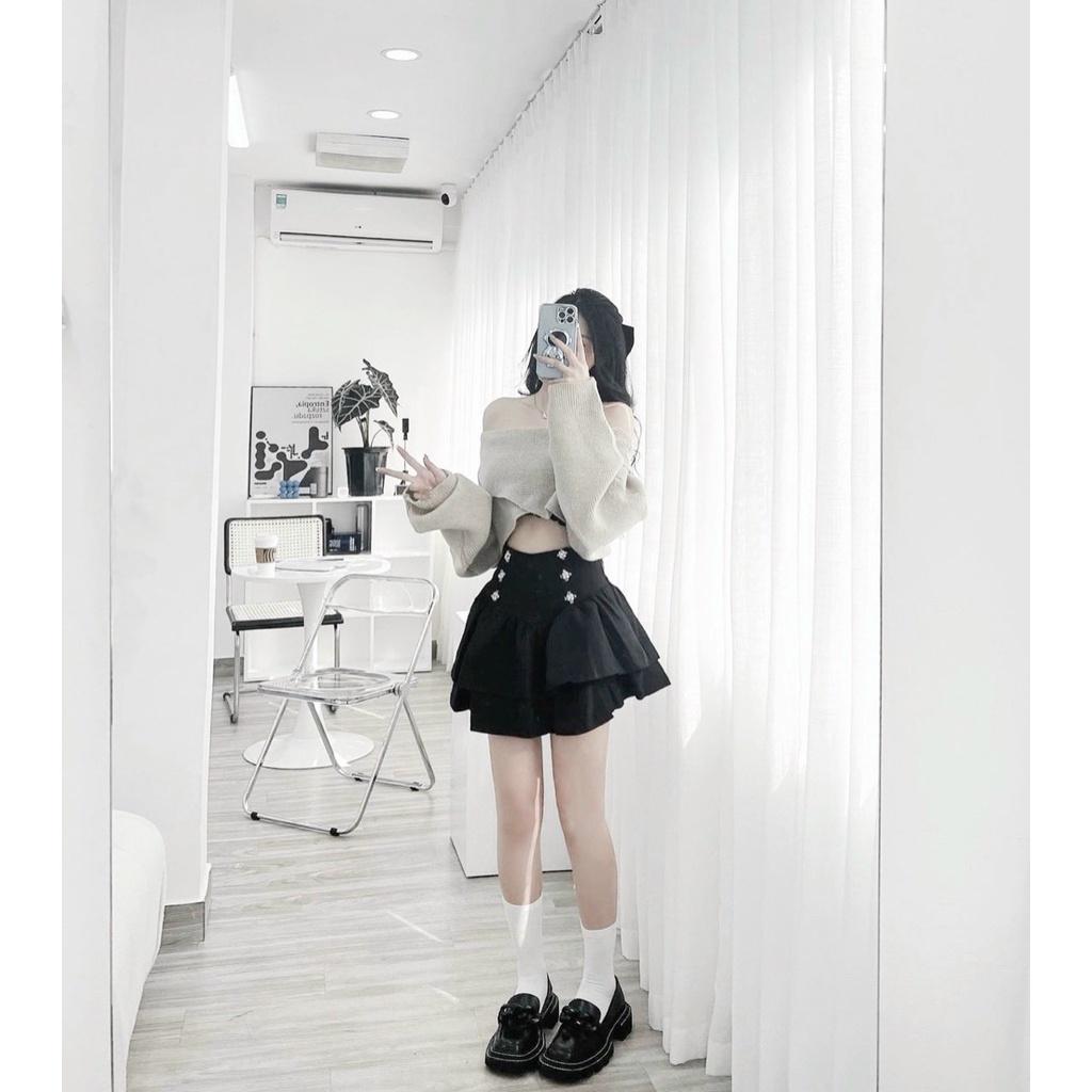 Sét 3 món áo đắp chéo kèm áo crop đen cúp ngực phối chân váy 2 tầng đính cườm
