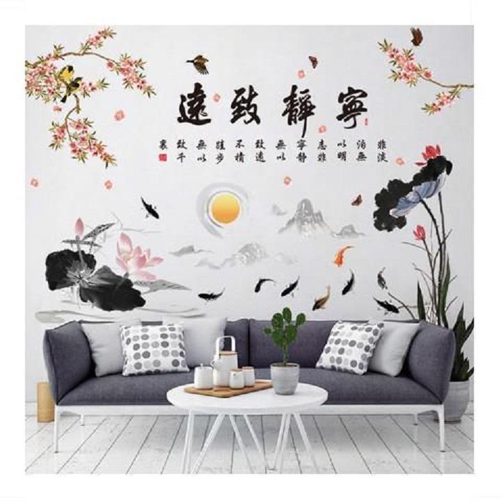 DECAL DÁN TƯỜNG ĐẦM SEN VÀ TRANH HOA ĐIỂU THƯ PHÁP