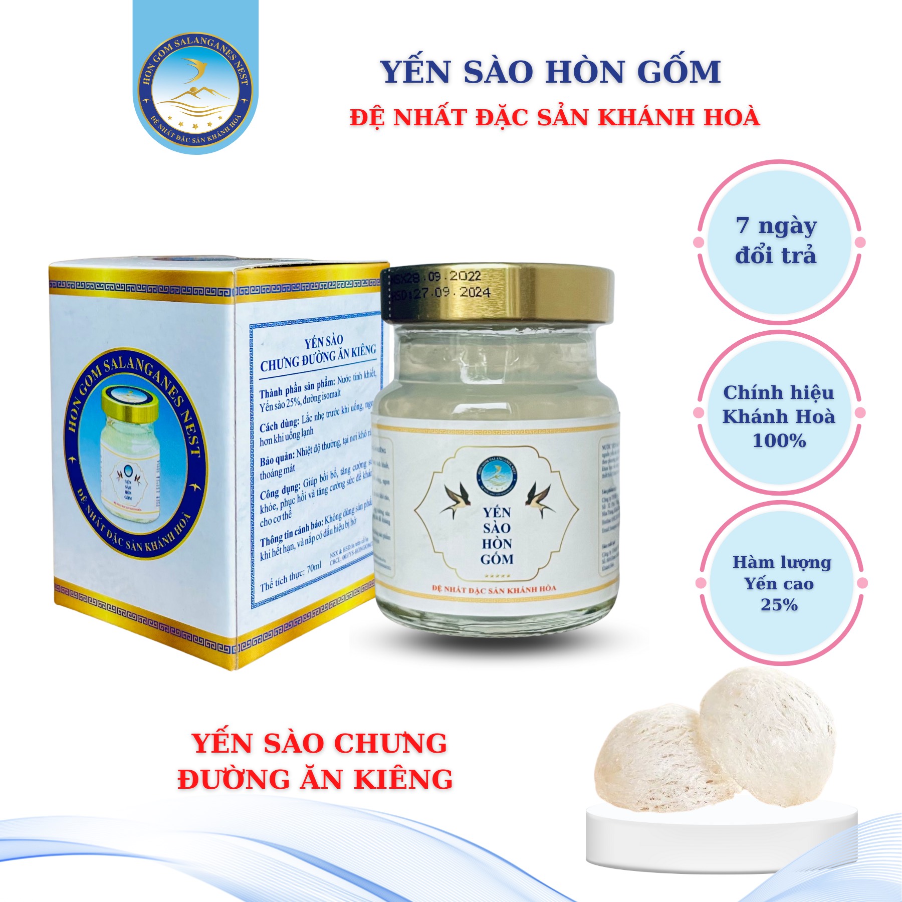 [HỘP 1 LỌ 70ML] Nước Yến Sào Chưng Đường Ăn Kiêng - Yến Sào Hòn Gốm Chính Hiệu Khánh Hoà - H G SALANGANES NEST