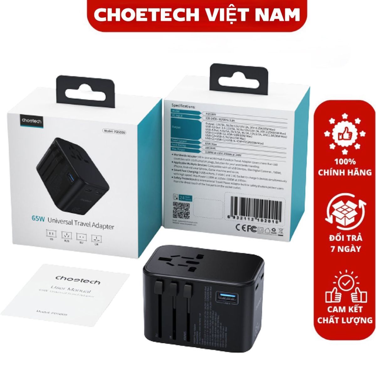 Củ sạc du lịch đa năng công suất cao 65W (2 USB C+ 1 USB A) Choetech PD5009 (Hàng chính hãng)