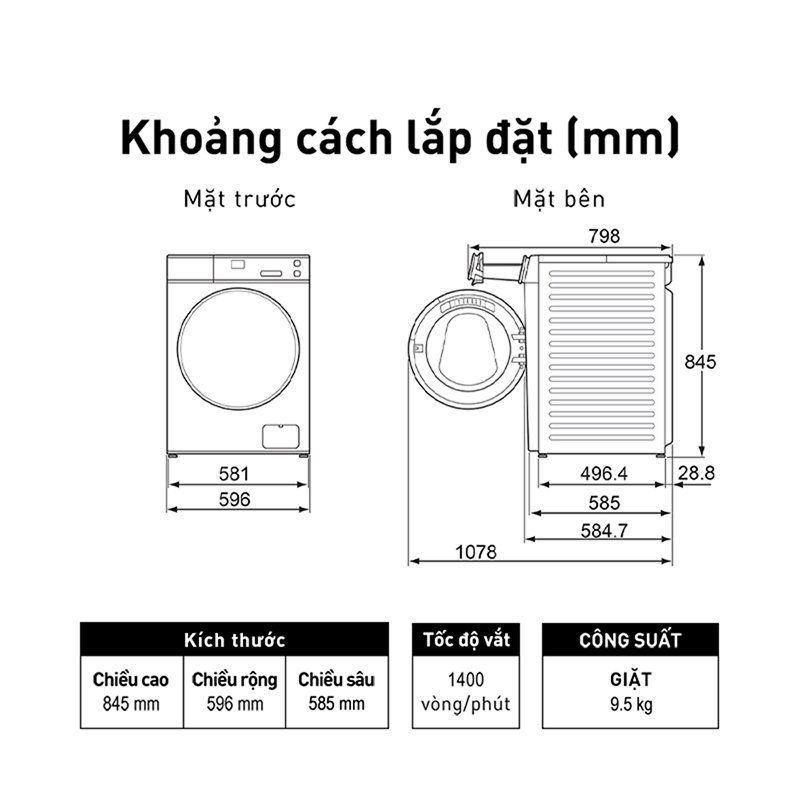 Máy Giặt Cửa Trước Panasonic 9,5 Kg NA-V95FC1WVT - Sấy Diệt khuẩn 99% - Cảm Biến Thông Minh - Hàng Chính Hãng (Trắng)