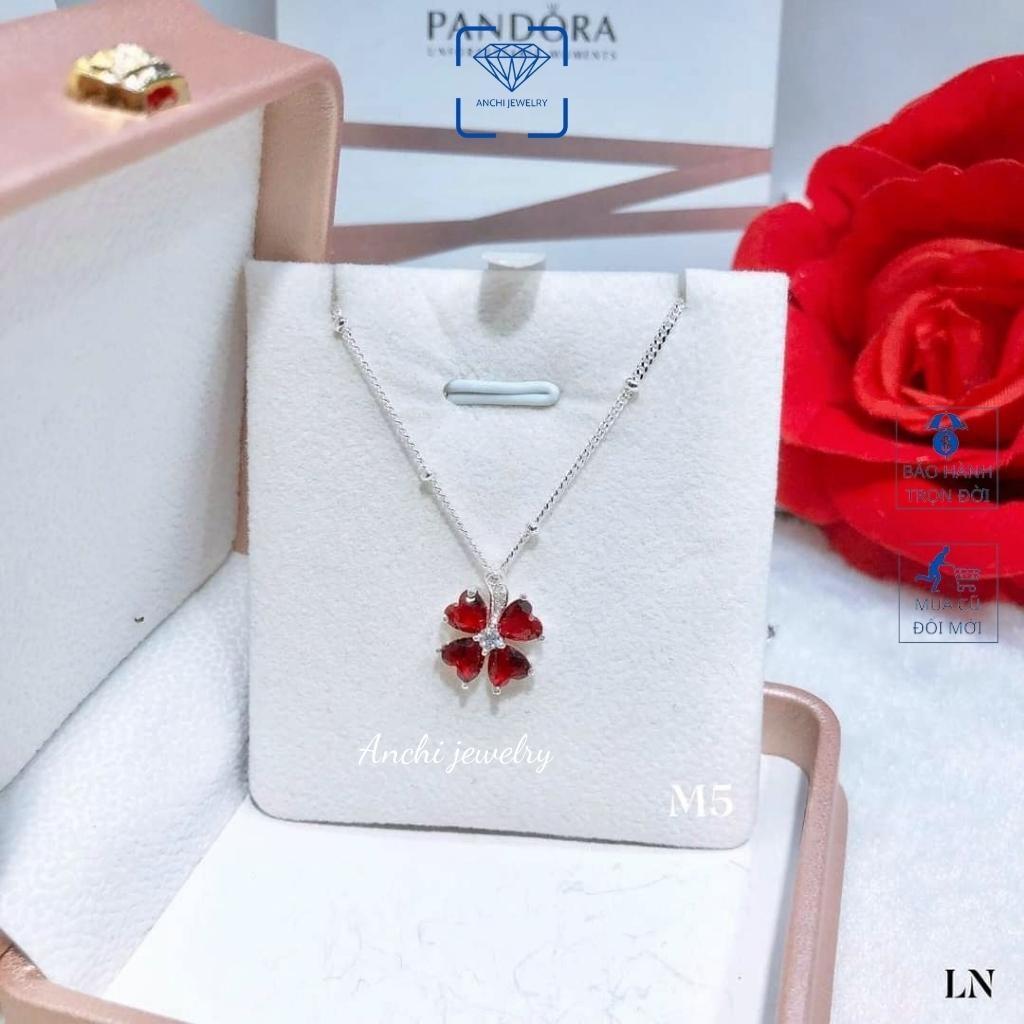 Dây chuyền cỏ 4 (bốn) lá nữ bạc thật đeo không đen đính đá to màu đỏ xanh tím - Anchi jewelry, quà 8 3