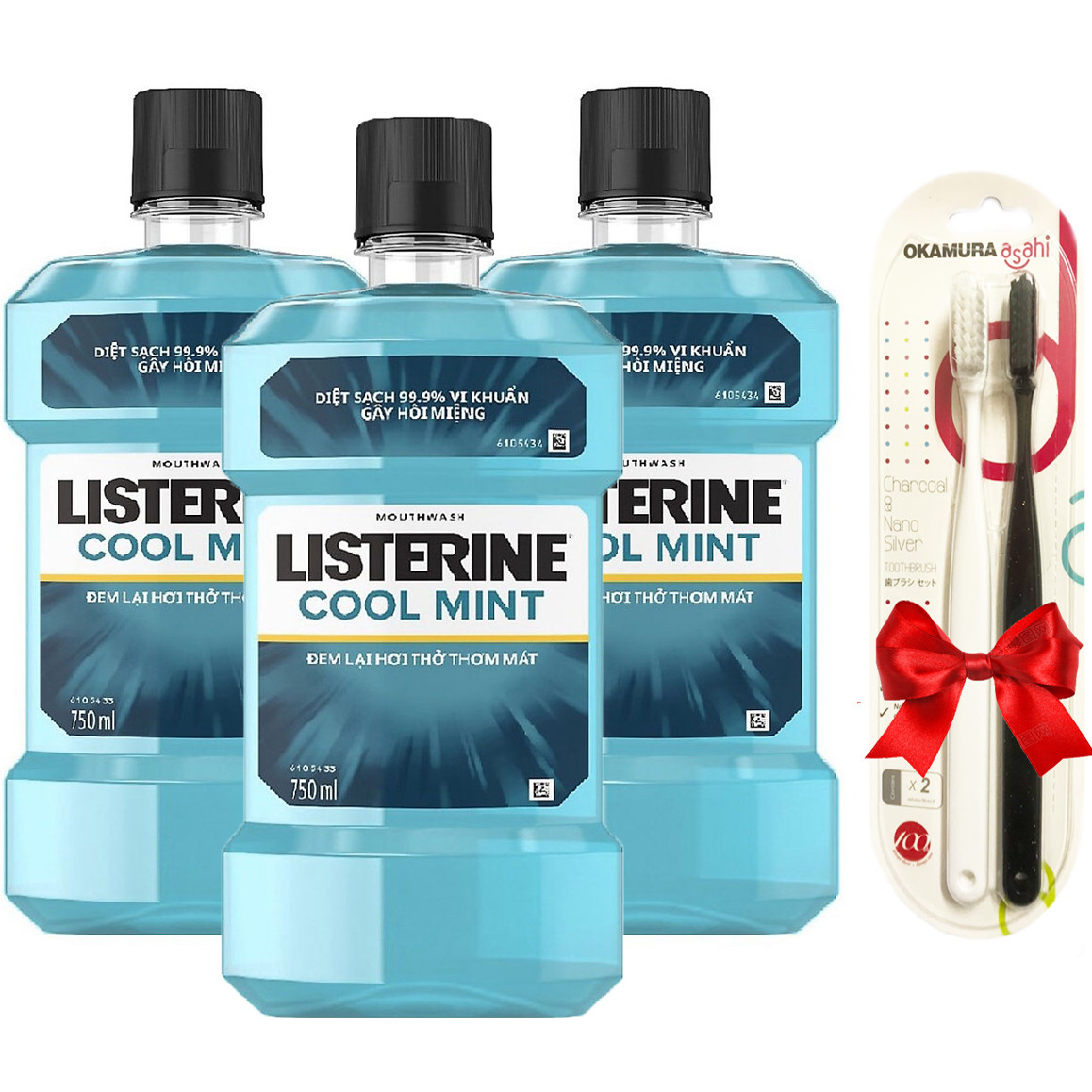 Combo 3 Nước Súc Miệng Hương Bạc Hà Listerine Cool Mint (750ml/Chai)+Tặng Vỉ đôi bàn chải Okamura Asahi