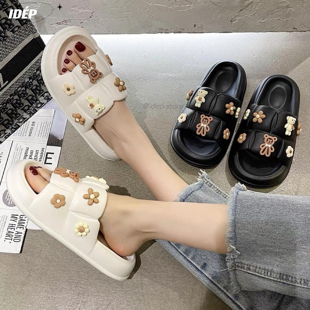 Dép Bánh mì hình vuông gắn sticker GẤU TEDDY cao 3cm nữ quai ngang chất EVA siêu nhẹ iDÉP - DL264