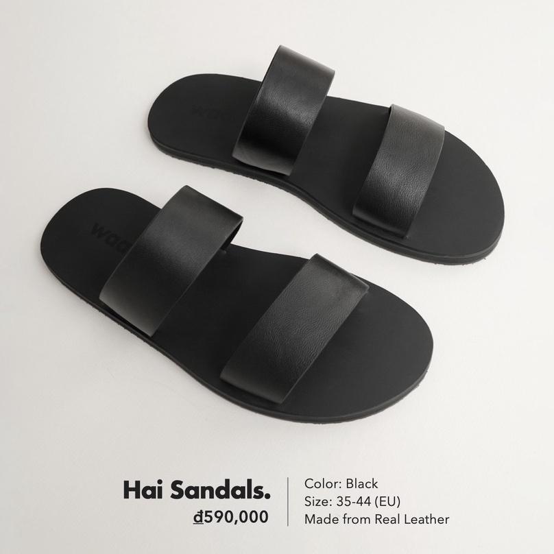 Dép 2 quai ngang Unisex HAI Sandals WAA.- DA THẬT 100% - Sản phẩm thiết kế - Màu đen