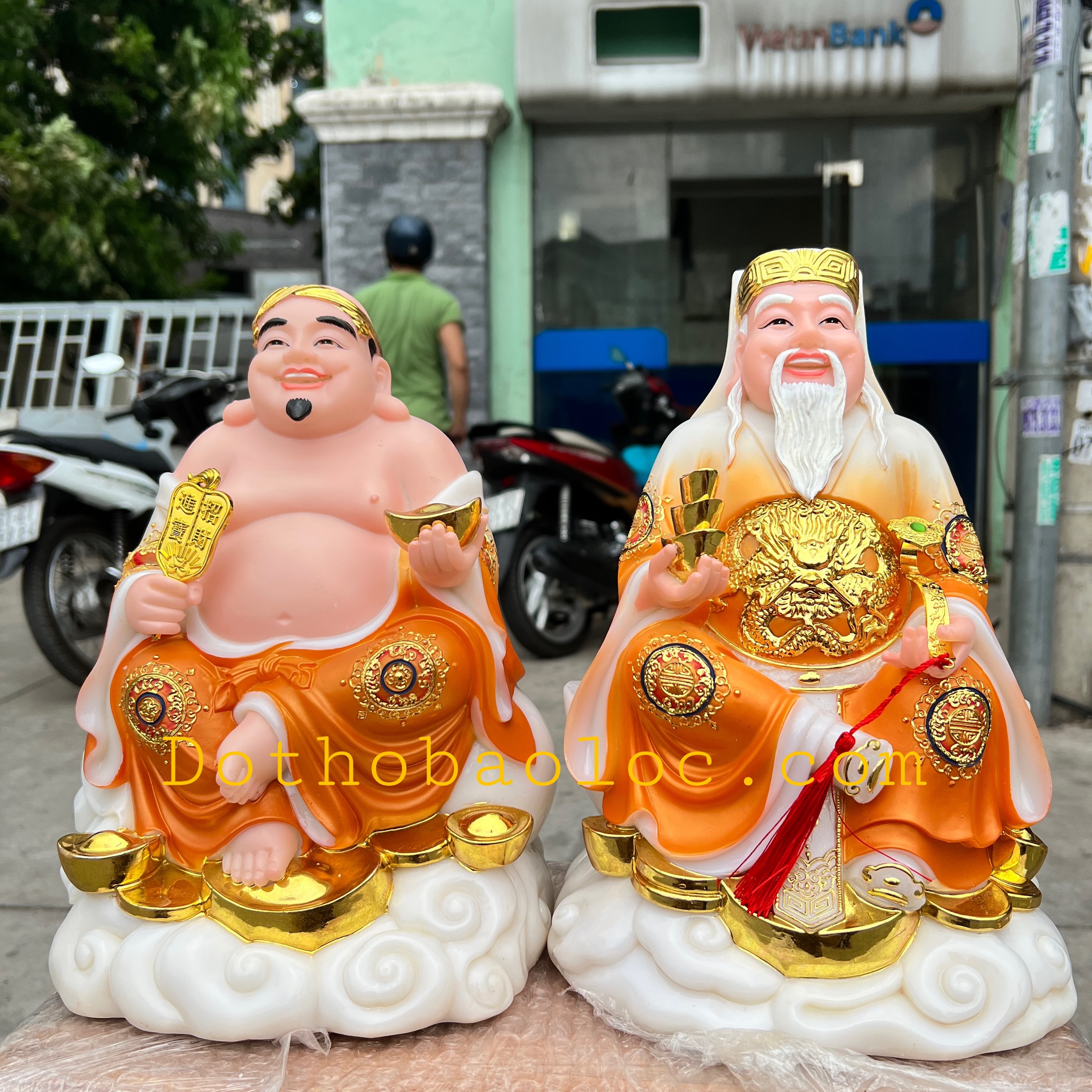 Cặp tượng thần tài ông địa đá cao cấp nhập khẩu Đài Loan cao 30cm- Màu Vàng Cam