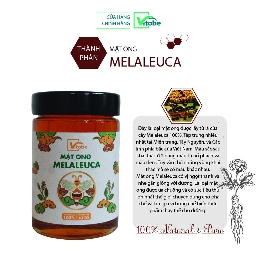 Mật Ong Melaleuca Vitobe (700gr) - Hữu cơ 100% (TẶNG cây gỗ lấy mật ong)