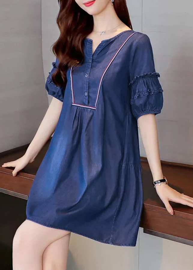 Đầm jeans chữ A cổ phối viền - DT673