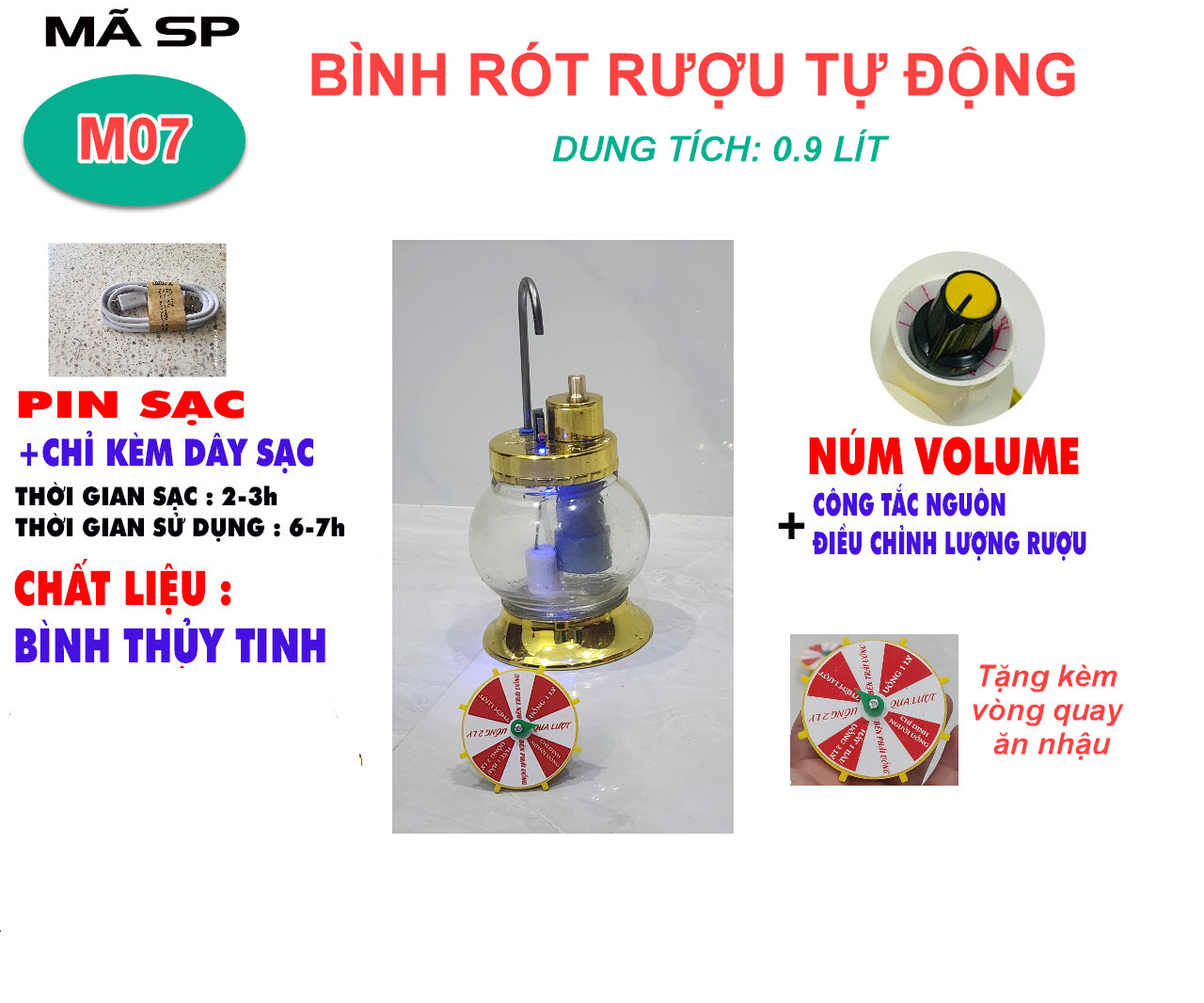 Bình rót ruou điện tử thủy tinh cao cấp 0.9lit