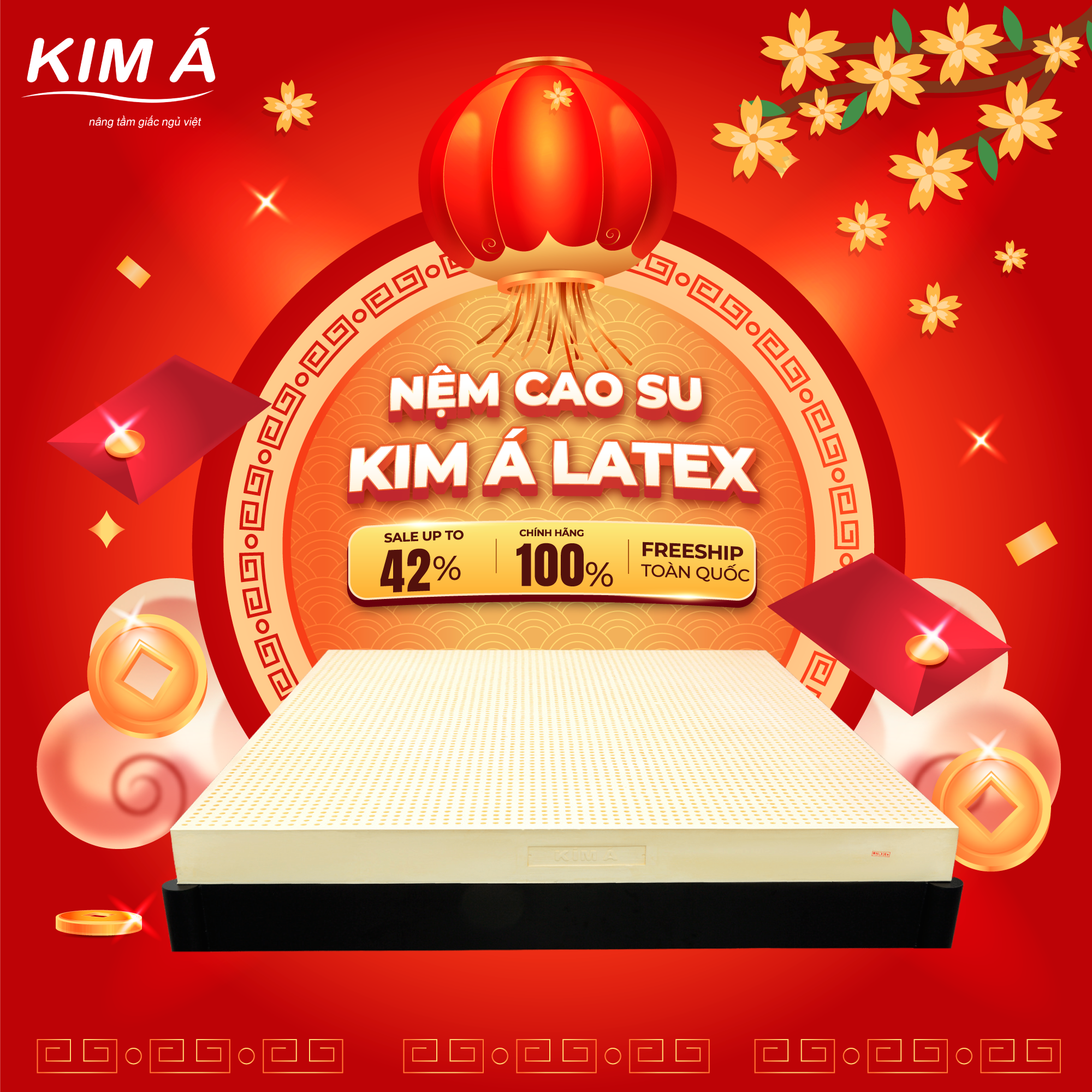 Nệm Cao Su Thiên Nhiên Kim Á Latex 100% Cao Su Thiên Nhiên, Bền Bỉ, Thoáng Mát, Êm Ái, Bảo Hành Chính Hãng