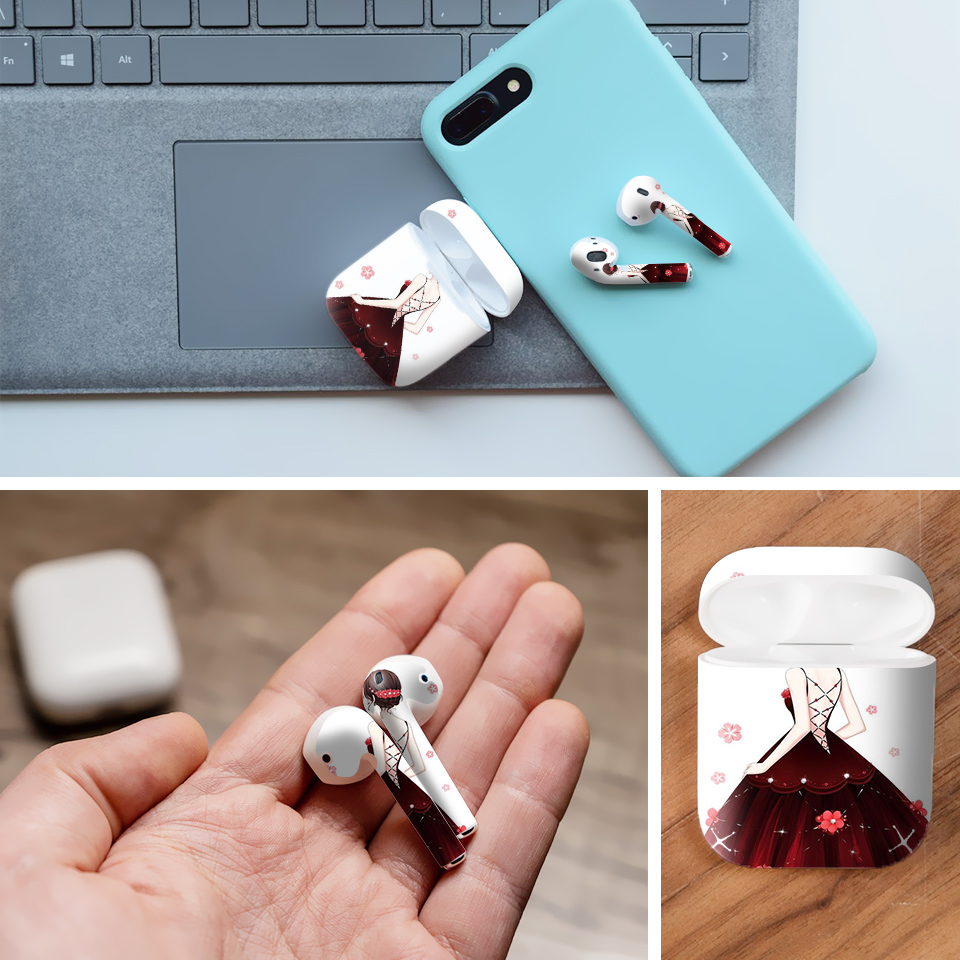 Miếng dán skin chống bẩn cho tai nghe AirPods in hình Cô gái váy đỏ - Gin011 (bản không dây 1 và 2