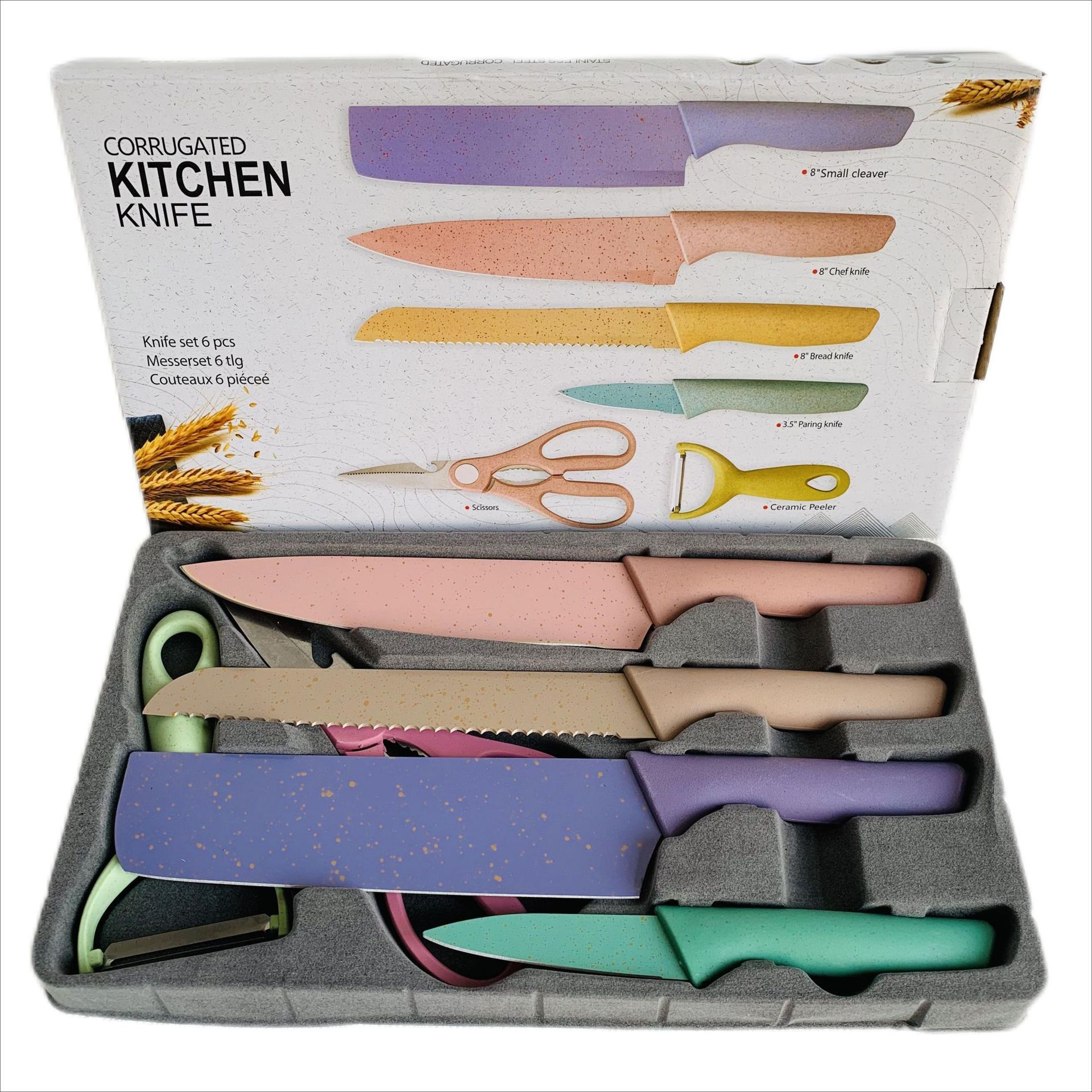 Bộ dao lúa mạch cao cấp 6 món chuyên dụng cho nhà bếp KITCHEN KINFE, siêu sắc kháng khuẩn, dao đa năng, lưỡi dao đúc thép không rỉ, full hộp Hàng nhập khẩu