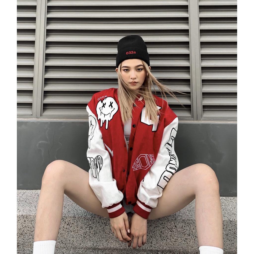 Áo Khóac Nhung Tâm Jacket Varsity Form Rộng Gonz