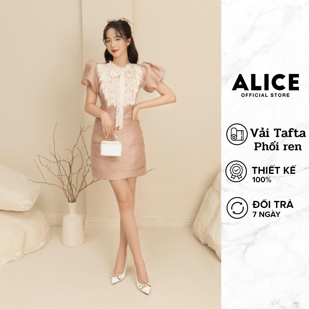 Váy Tiểu Thư Tafta Tay Bồng Cổ Phối Ren ALICE Thiết Kế Ôm Eo Tôn Dáng Phối Nơ Cổ V778