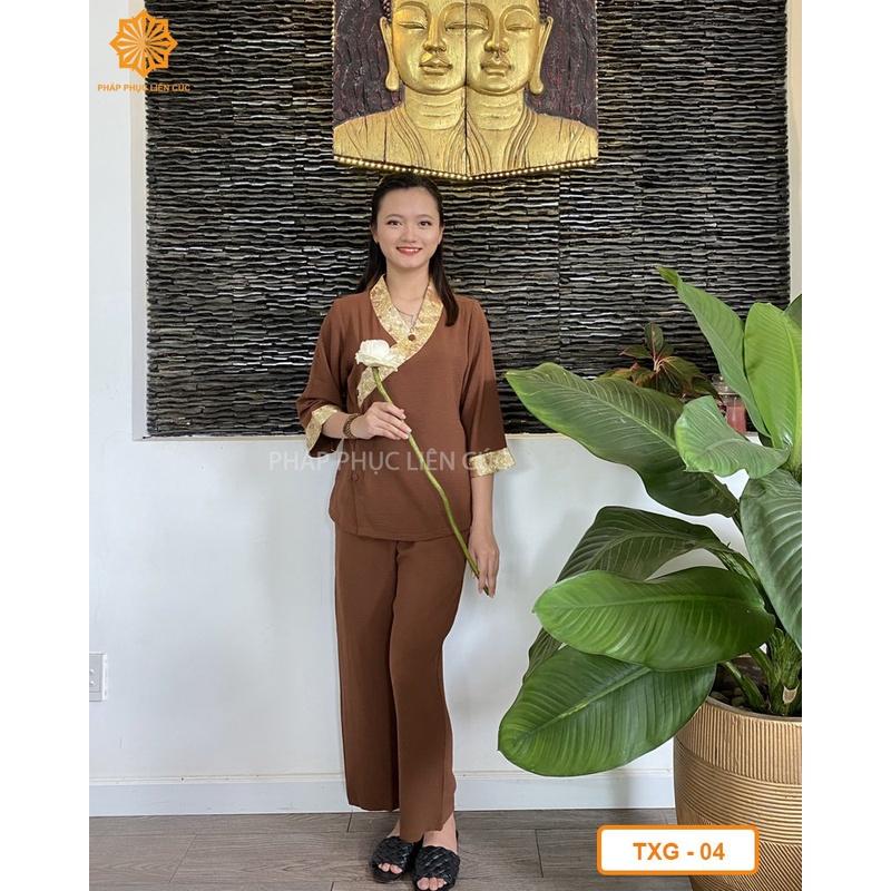 Đồ lam đi chùa nữ - Pháp phục mẫu tim xéo phối gấm, bền màu không nhăn xưởng may Liên Cúc
