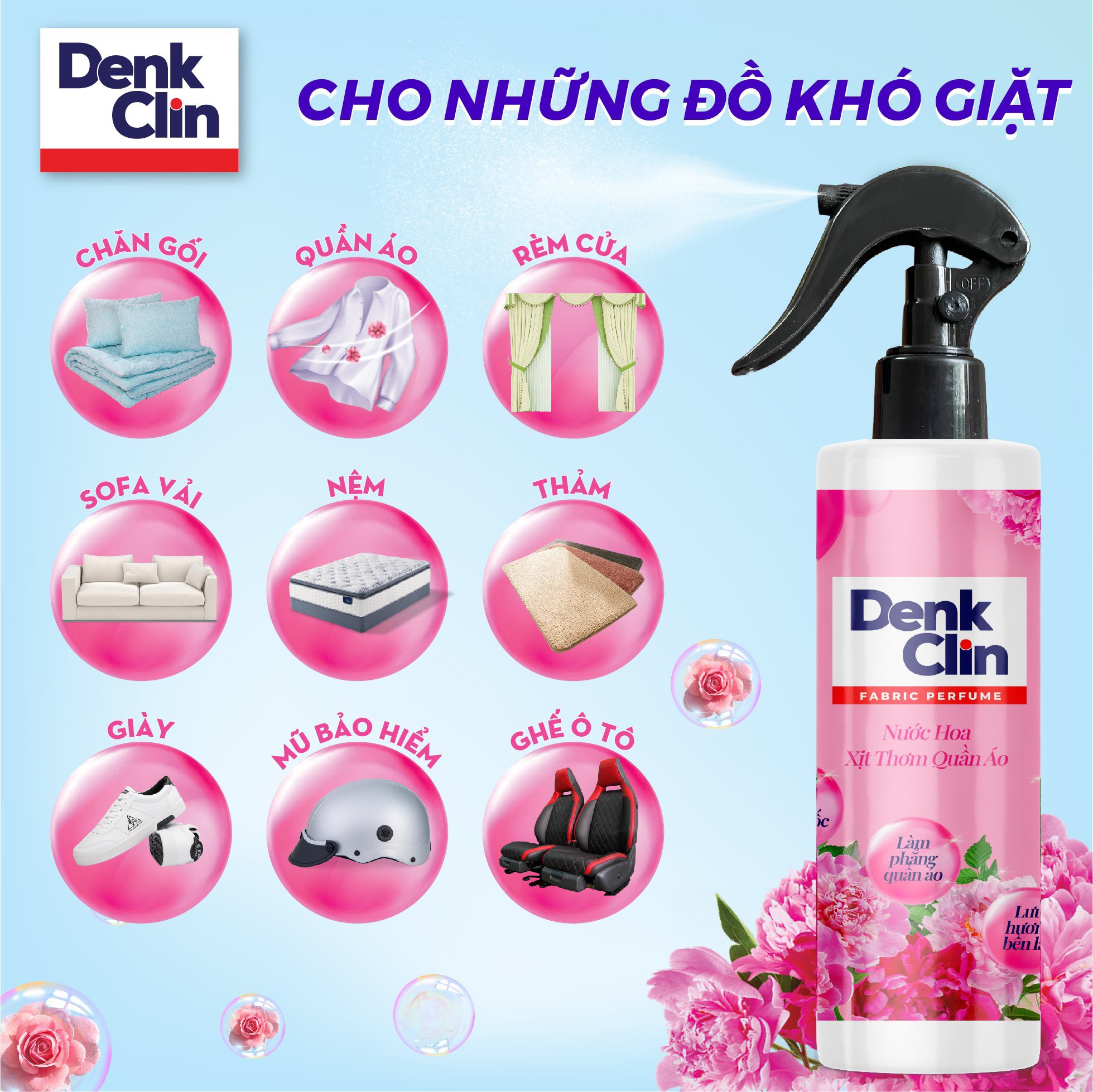 Xả vải khô nước hoa xịt thơm quần áo Denkclin 200ml lưu hương 48h làm mềm vải diệt khuẩn 99.9%