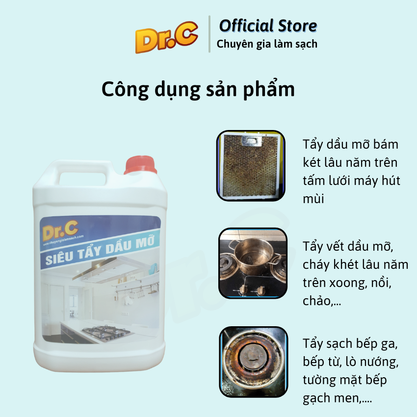 Siêu tẩy dầu mỡ Dr.C CHÍNH HÃNG - đánh bay vết bẩn cứng đầu (Chai lớn 5L tiết kiệm)