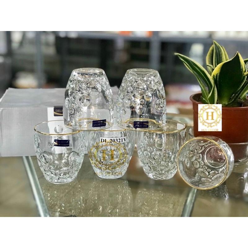 Cốc thuỷ tinh đế vuông vân nổi cao cấp Huydecor bộ 6 chiếc