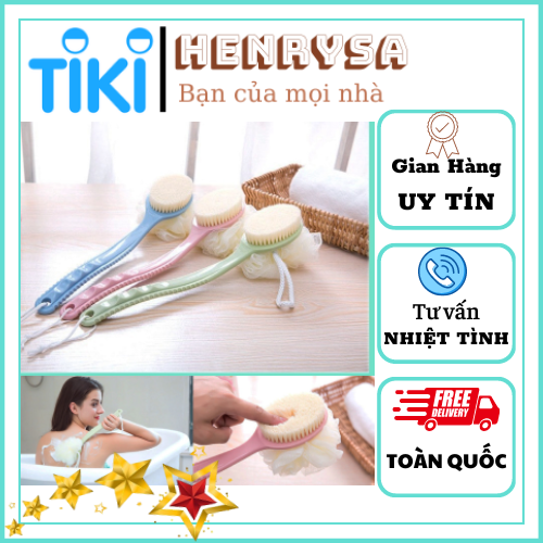 Cây Bàn Chải Cọ Lưng 2 đầu có bông tắm kèm chà lưng hai đầu , bông tắm tẩy tê bào chết đa năng - Henrysa