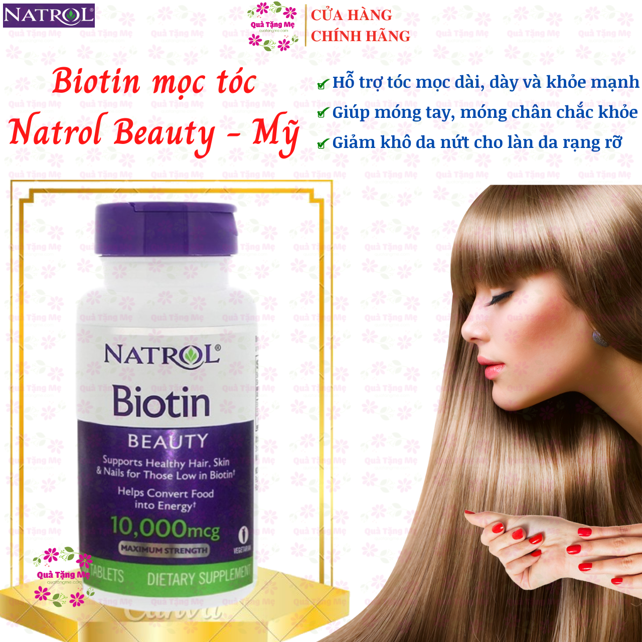 Biotin mọc tóc Natrol Beauty Mỹ hỗ trợ tóc mọc nhanh hơn, dày hơn, cho mái tóc khỏe mạnh, làn da rạng rỡ và móng tay chắc khỏe - QuaTangMe Extaste