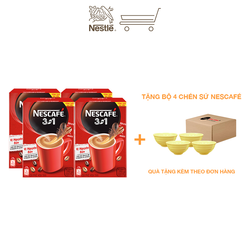 [Tặng bộ 4 chén sứ] Combo 4 hộp cà phê hòa tan Nescafé 3in1 vị nguyên bản - công thức cải tiến (Hộp 20 gói)