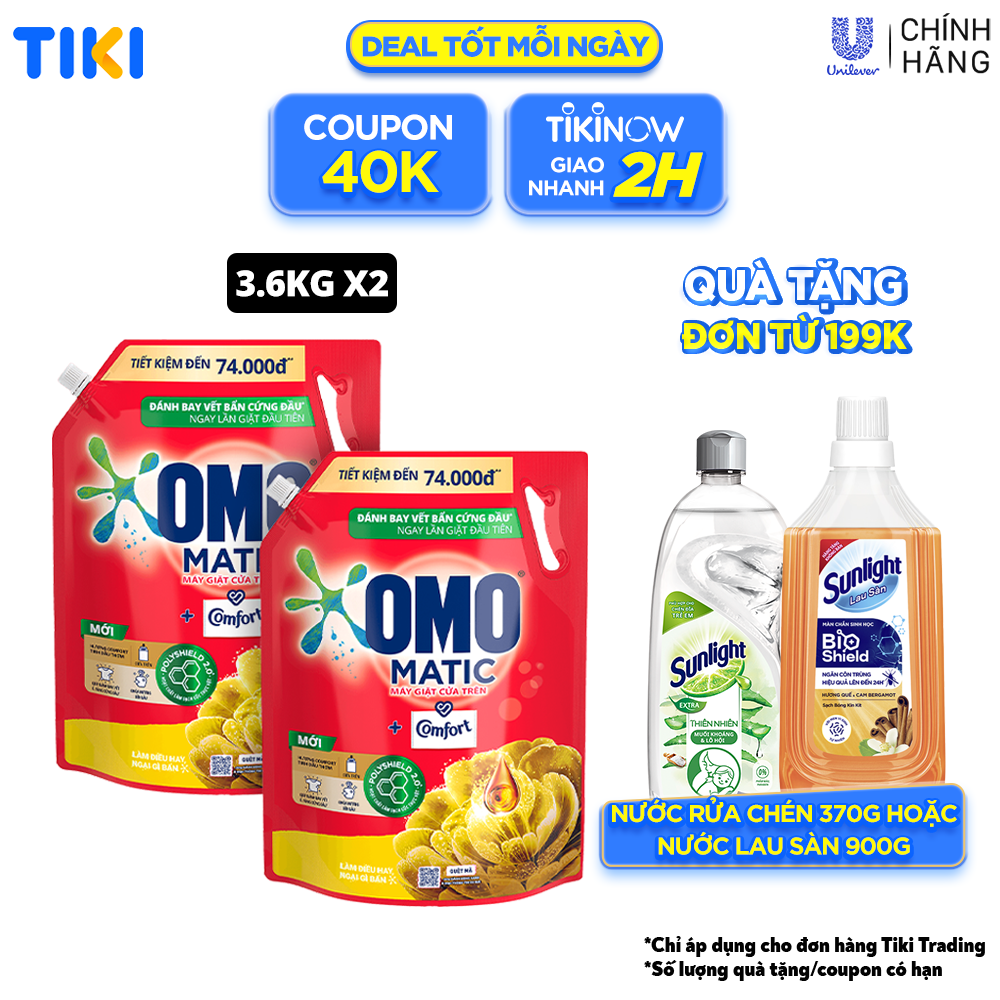 Combo 2 Túi Nước Giặt Omo Matic Máy Giặt Cửa Trên Hương Comfort Tinh Dầu Thơm Xoáy Bay Vết Bẩn Thơm Bền Lâu 3.6Kg