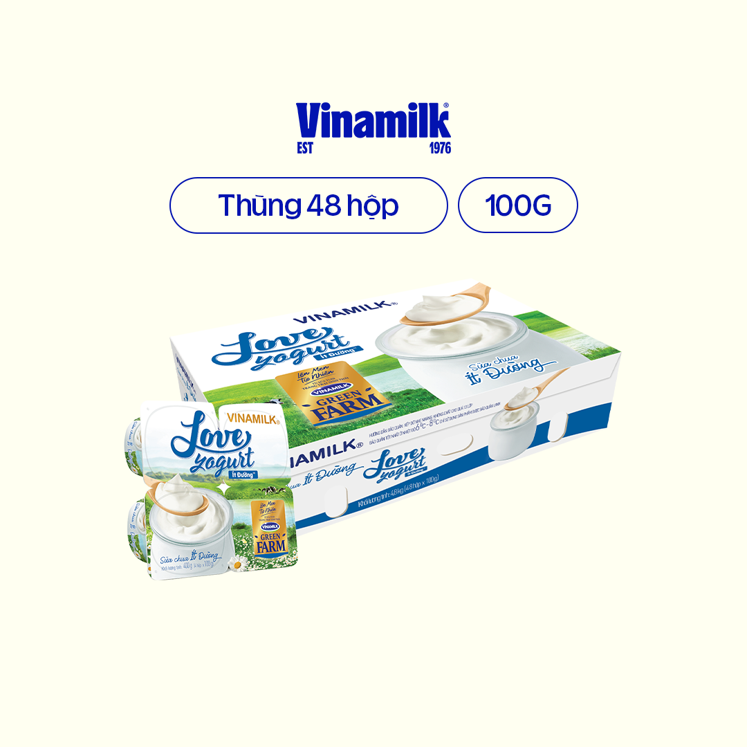 Thùng 48 hộp Sữa chua ăn Vinamilk Love Yogurt Green Farm Ít Đường Hộp 100g