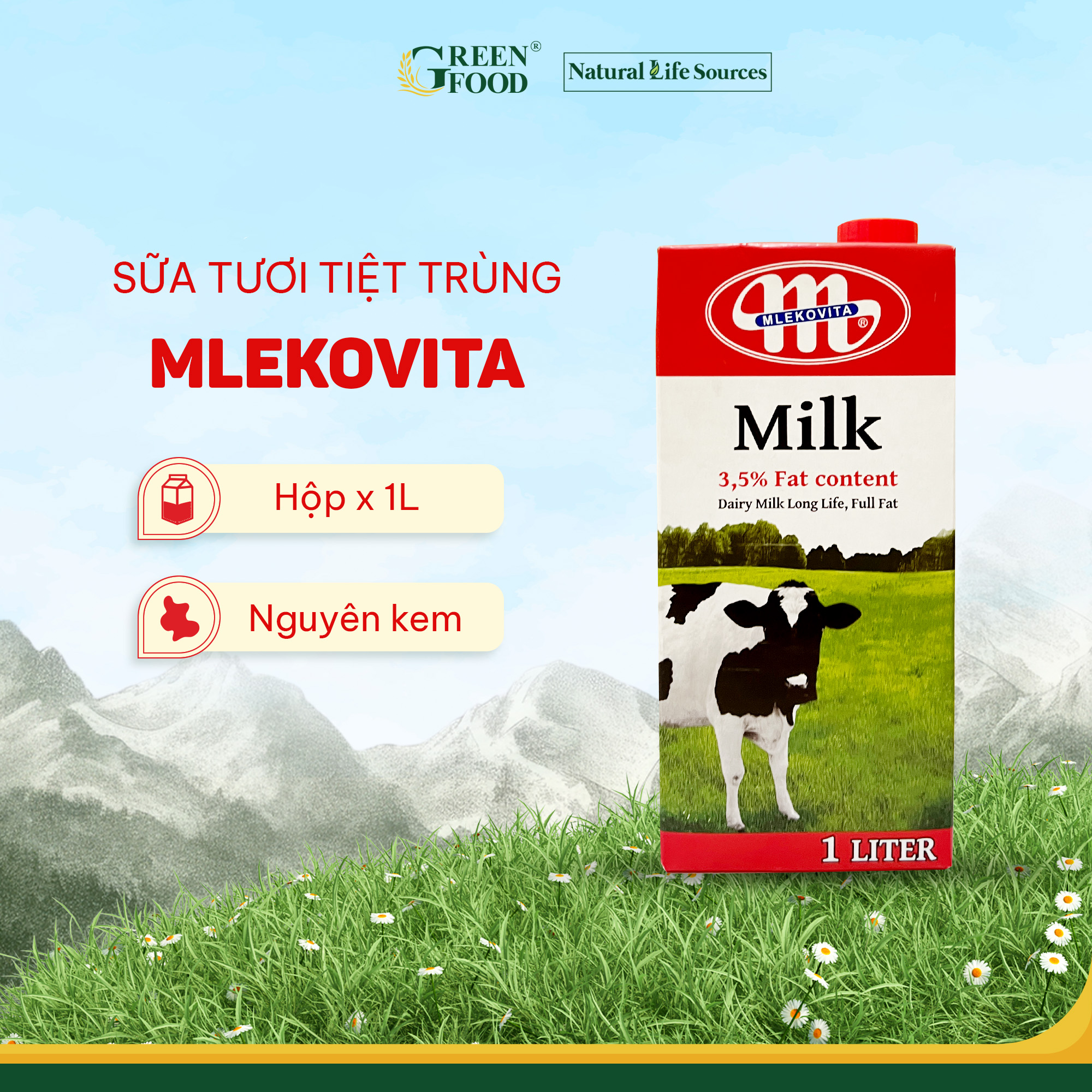 Combo 4 Sữa Tươi Tiệt Trùng Mlekovita Nguyên Kem 1L - Béo Cao 3.5%, Không Đường, Nhập Khẩu từ Ba Lan