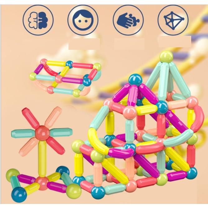 Đồ chơi Que từ tính tròn lắp ráp xếp hình khối nam châm MAGNETIC STICKS 64 chi tiết