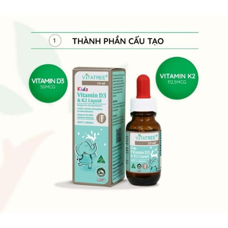 Tinh chất D3 K2 hỗ trợ hấp thu canxi cho trẻ Vitatree Kids Vitamin D3 &amp; K2 Liquid 20ml