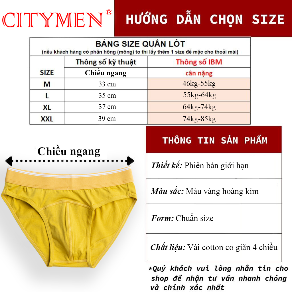 Hộp 4 Quần lót nam CITYMEN bản đặc biệt vải cotton co dãn 4 chiều cao cấp lưng trơn màu vàng