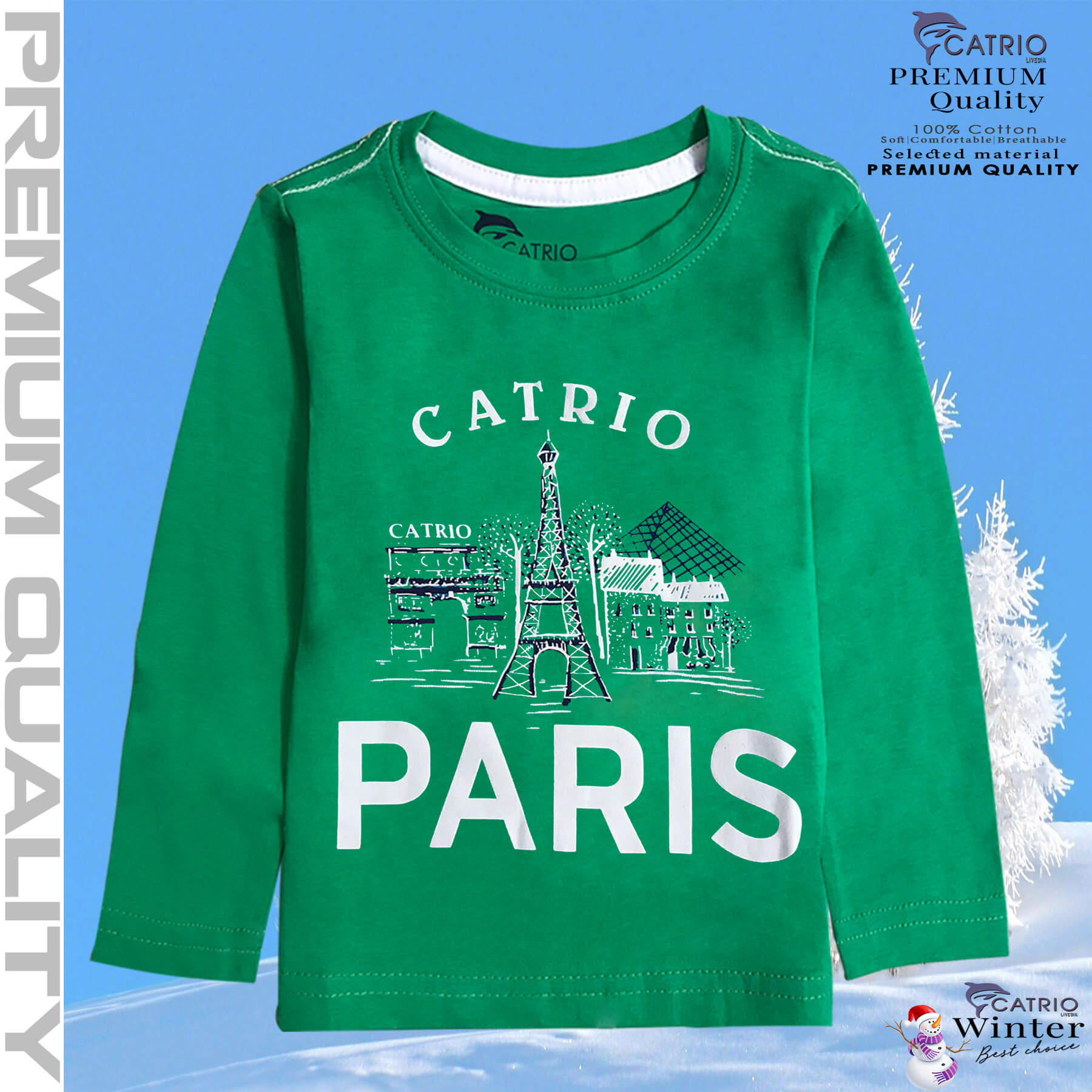 ÁO THUN DÀI TAY BÉ TRAI CATRIO in PARIS màu XANH LÁ là áo phông tay dài trẻ em từ 8kg 10kg 12 kg .. 30kg  cổ tròn vải dệt kim co giãn 4 chiều + quần dài cotton thành bộ đồ thu đông cho bé rất đẹp