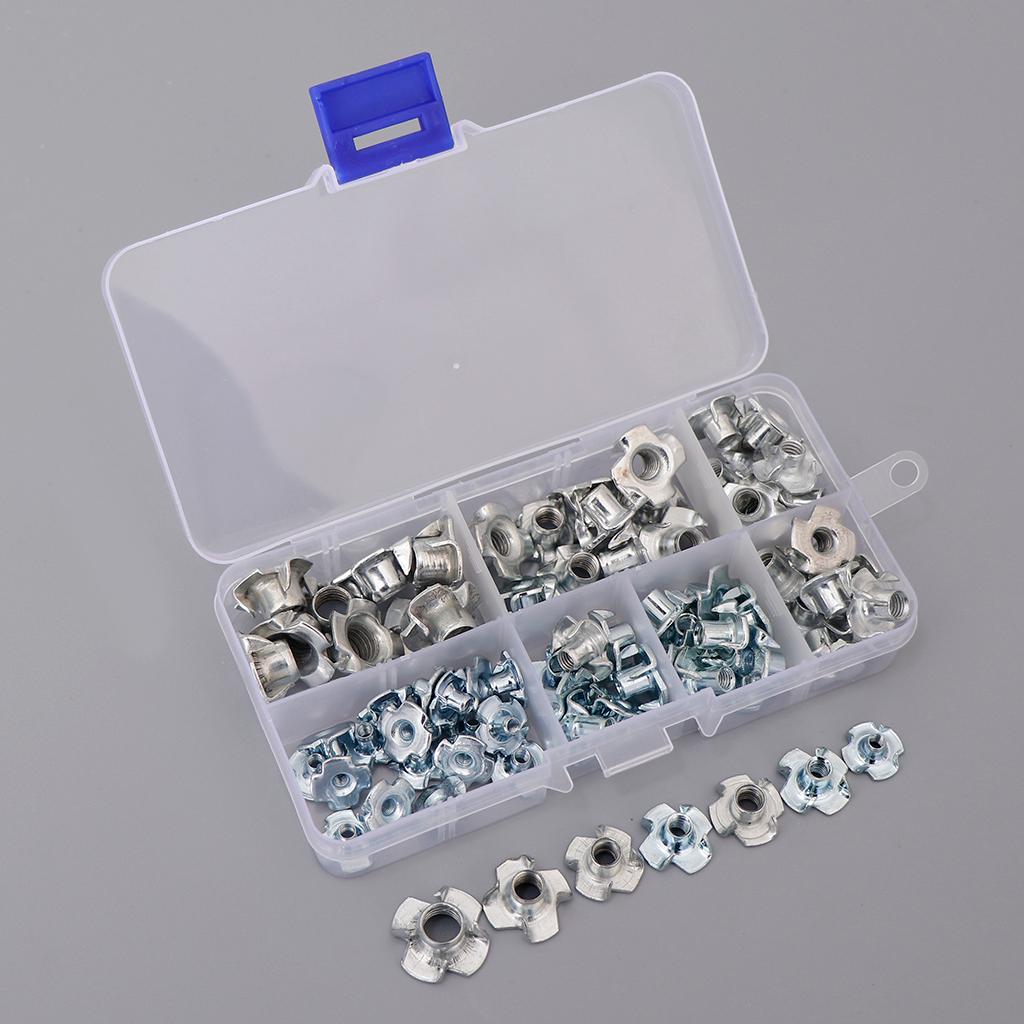 80Pcs M3/M4/M5/M6/M8 Zinc Plated Four Prong Furniture T Nuts Blind Nut Wood