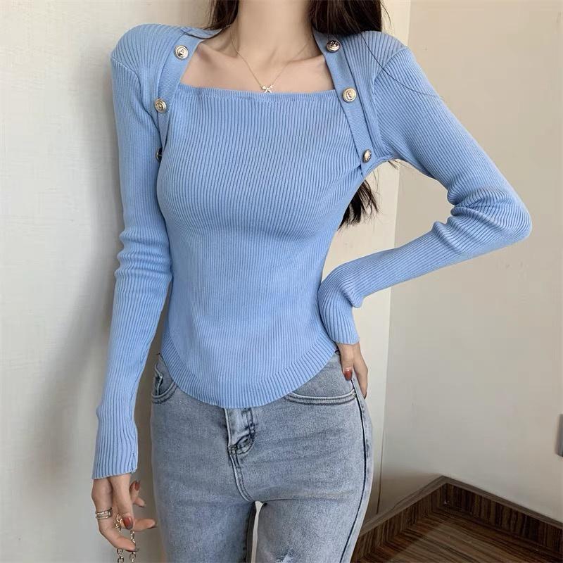 MS456 Áo len nữ cổ tam giác đính khuy sang trọng
