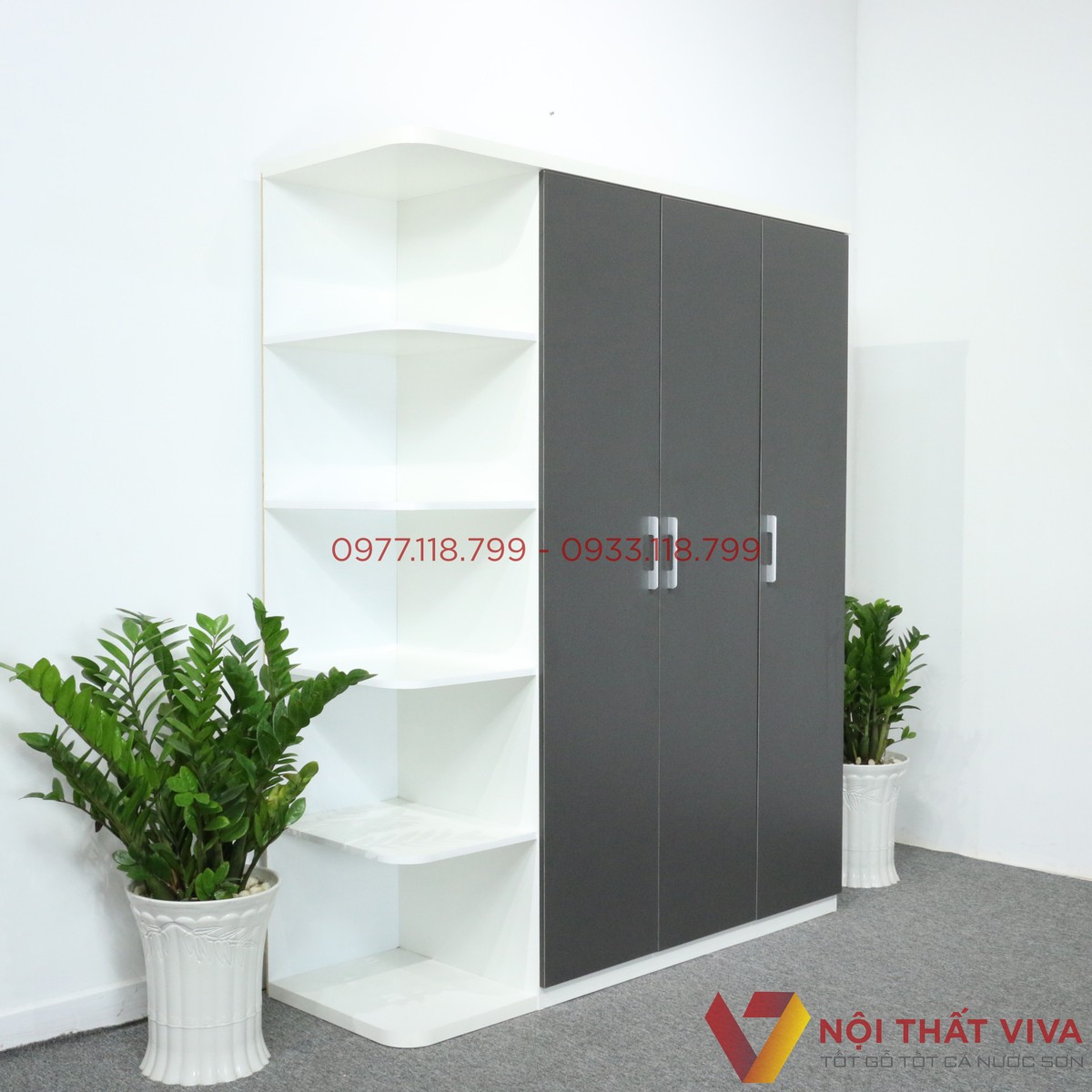 Tủ Quần Áo 3 Cánh Gỗ MDF Màu Trắng Cửa Xanh Đen Hiện Đại