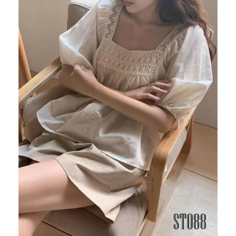 Set Đũi Ren Be Cổ Vuông Bộ Nữ Viền Ren Xinh Xắn cực xinh
