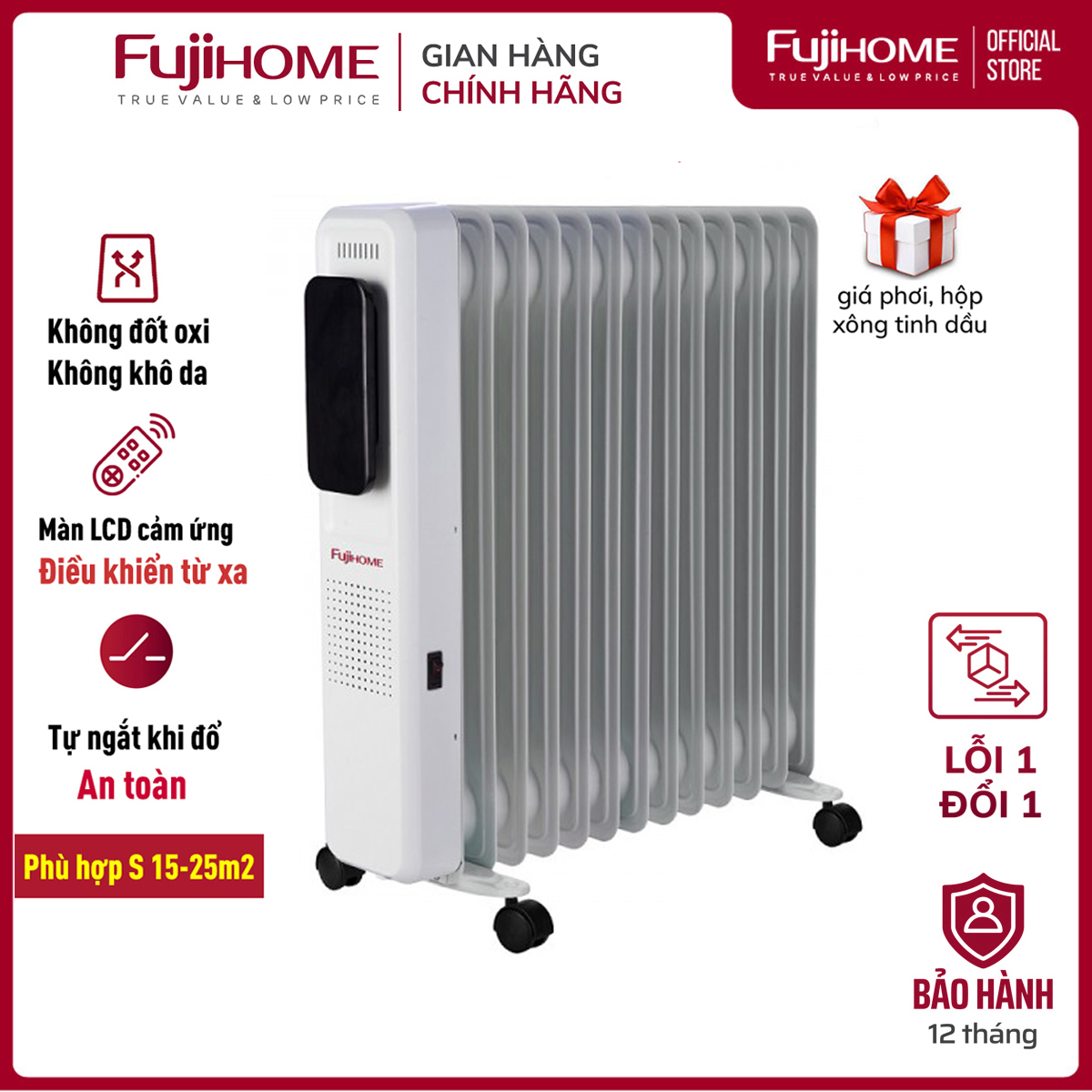 Máy sưởi dầu điều khiển từ xa không khô da Fujihome OH8613, máy sưởi ấm điện 13 thanh màn điện tử cảm ứng , tự ngắt an toàn tiết kiệm điện - Hàng chính hãng