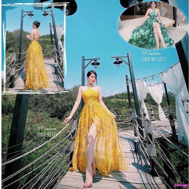 Đầm váy maxi cổ yếm voan lụa mút ngực vàng xanh đan lưng hở lưng xẻ đùi đi biển dự tiệc dạo phố bigsize gợi cảm sexy