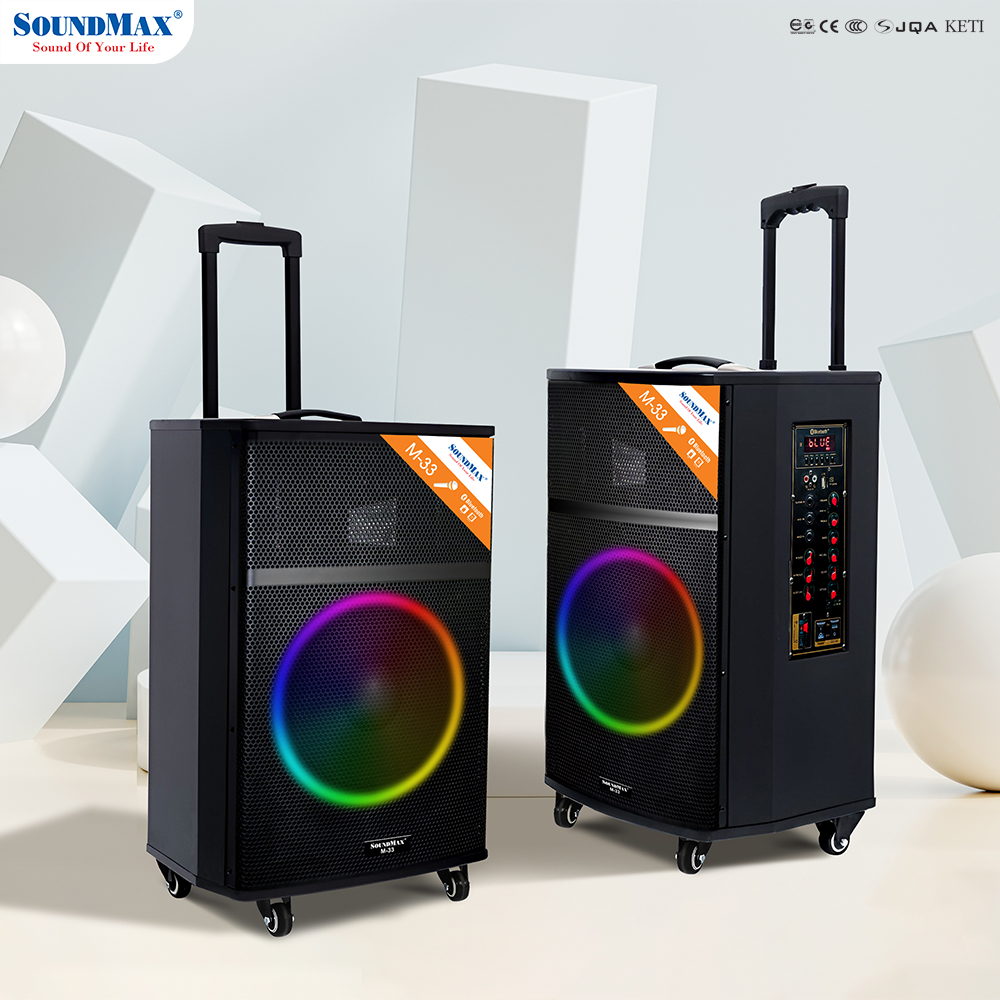 Loa Karaoke Di Động SoundMax M-33 | Loa Bluetooth SoundMax M33| Trolley Speaker | Công suất 100W, Bass 12" | Hỗ trợ USB, Thẻ Nhớ TF, Đèn LED RGB | Tặng 2 Micro Không Dây | Ngõ Vào Guitar - Hàng Chính Hãng