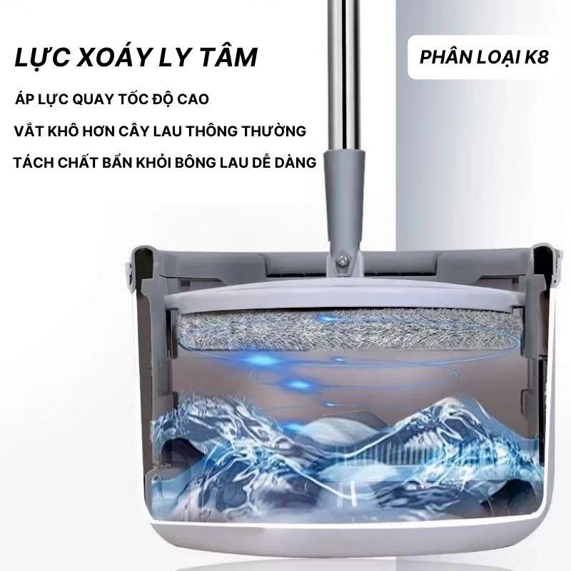 Bộ Cây Lau Nhà Thông Minh Có Thùng Vắt Xoay Tròn Nhựa PP, Cán Inox Dài 134cm, Miếng lau 25cm