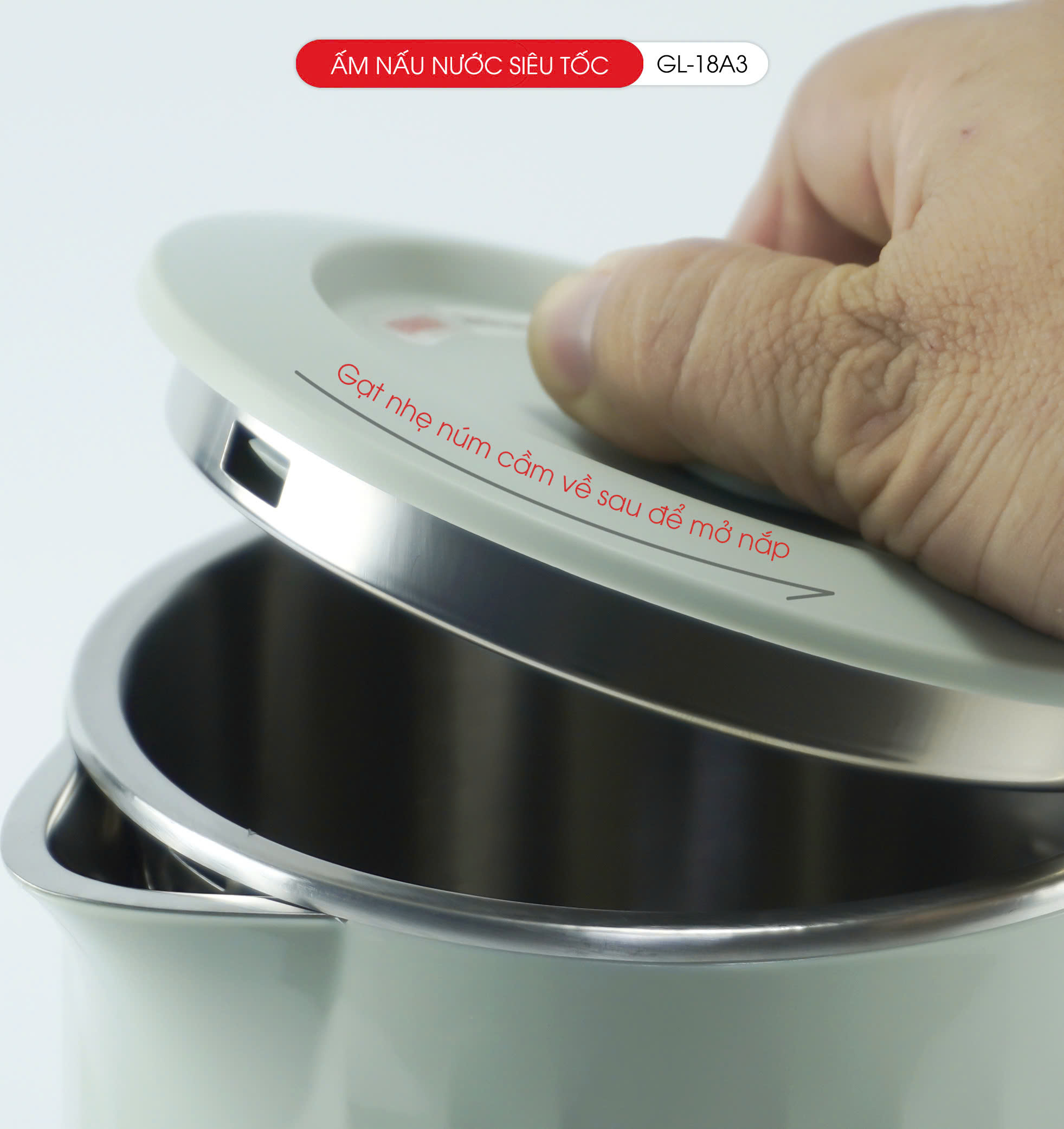 Ấm siêu tốc Gali GL-18A3 1.8L. Thiết kế 2 lớp cách nhiệt, Inox 304. Hàng chính hãng, bảo hành 24 tháng