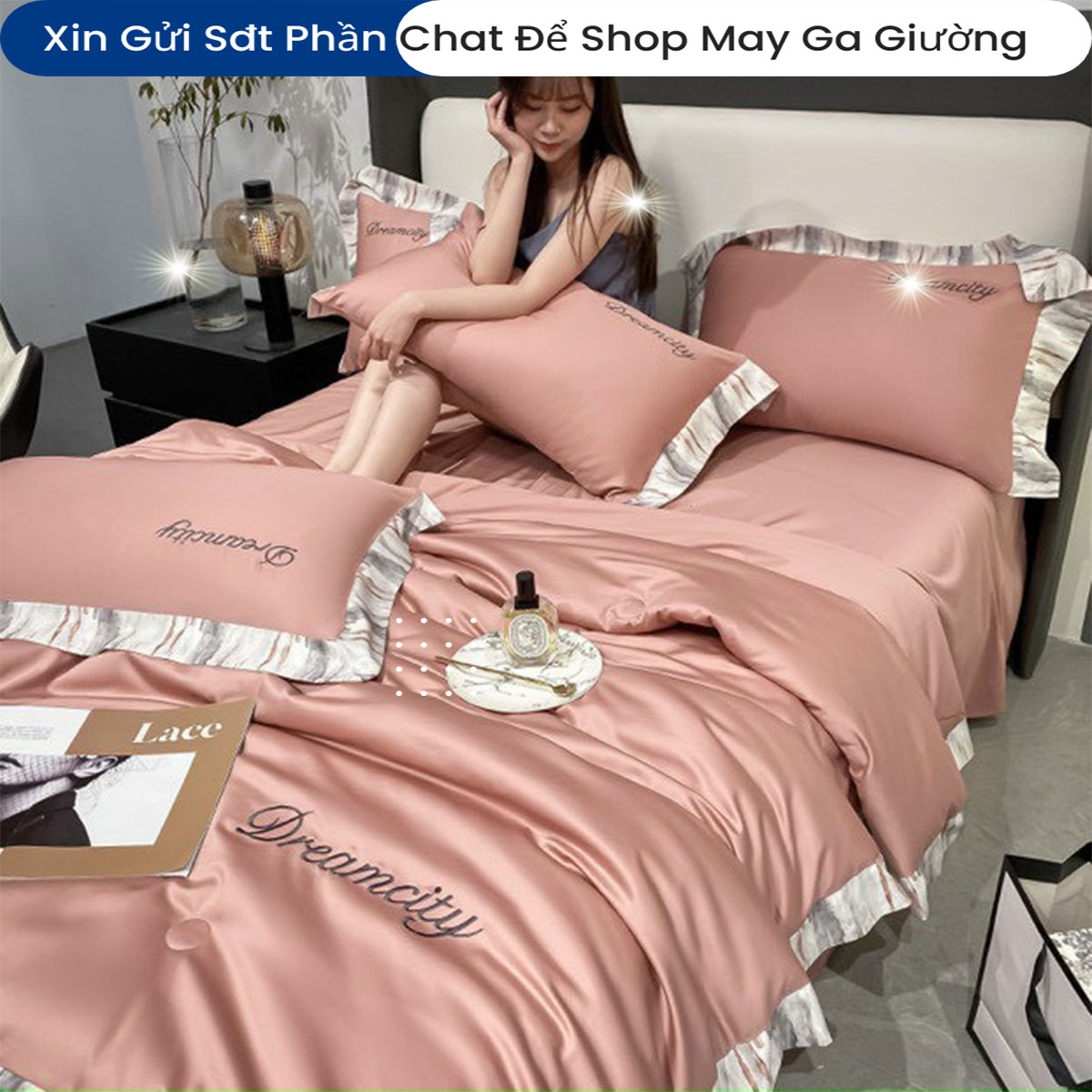 Bộ Chăn Ga Gối Đệm 5 Món Phi Lụa Tencel Dream City Cao Cấp Chuẩn Khách Sạn 5 Sao Bộ Drap Ra Ga Nệm Trải Giường ( Xin gửi shop chiều cao nệm )