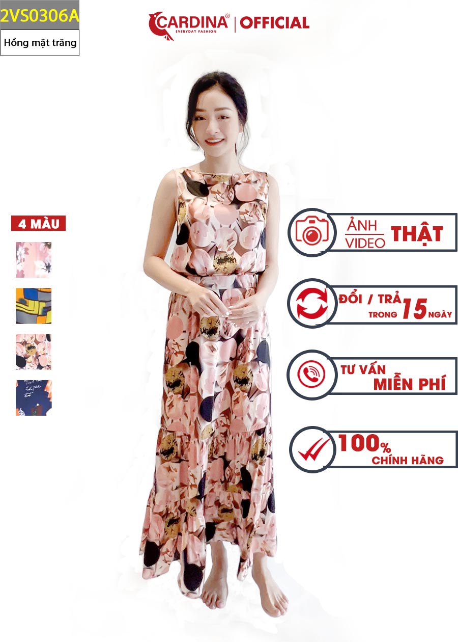 Set Đồ Nữ CARDINA Chất Lụa Satin Nhật Cao Cấp Áo Sát Nách Chân Váy Maxi Họa Tiết Trẻ Trung 2VS03