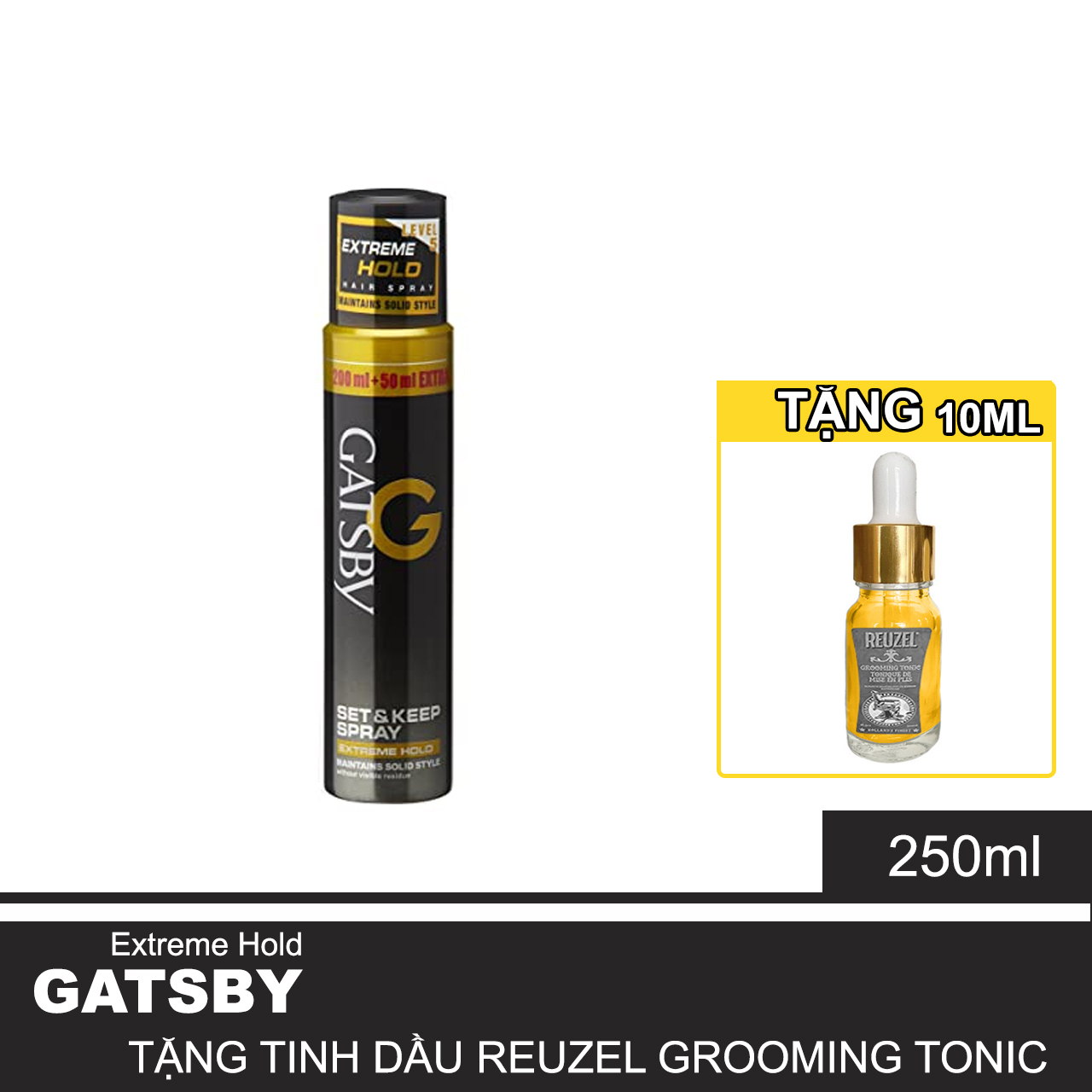 Gôm Xịt Giữ Nếp Gatsby Tạo Kiểu Tóc Mái Nam Mềm Hair Spray Super Hard 250ML + Tặng Reuzel Grooming Tonic  - Chính hãng - SET &amp; KEEP SPRAY