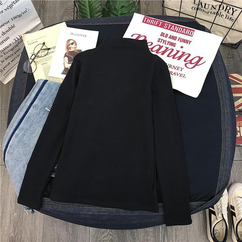 Áo thun tay dài cổ lọ màu trơn đơn giản cho nữ