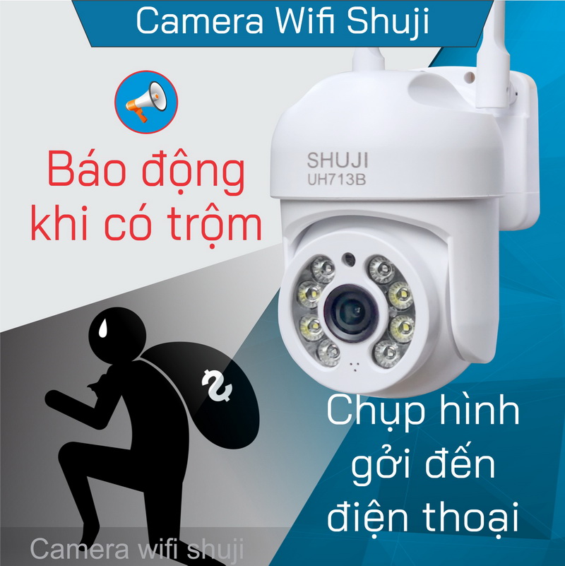 Camera wifi ngoài trời SHUJI UH713B - Lắp ngoài trời - Xoay 360 độ- Báo động khi có trộm- Ghi âm và Đàm thoại 2 chiều- Hàng chính hãng được nhập khẩu chính thức bởi Cty TNHH Shuji (VN)- Bảo hành 24 tháng