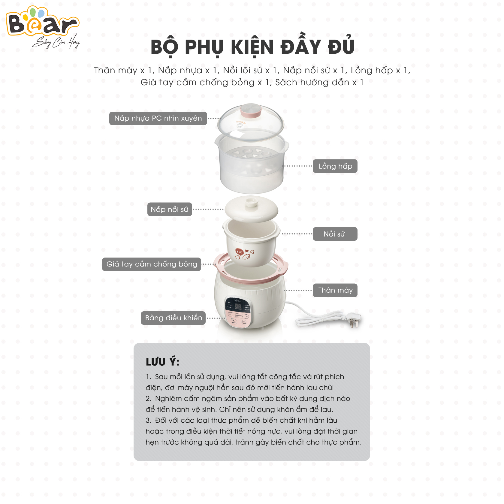 Nồi nấu chậm Bear 0.8L kèm lồng hấp (Bản quốc tế)- Hàng chính hãng