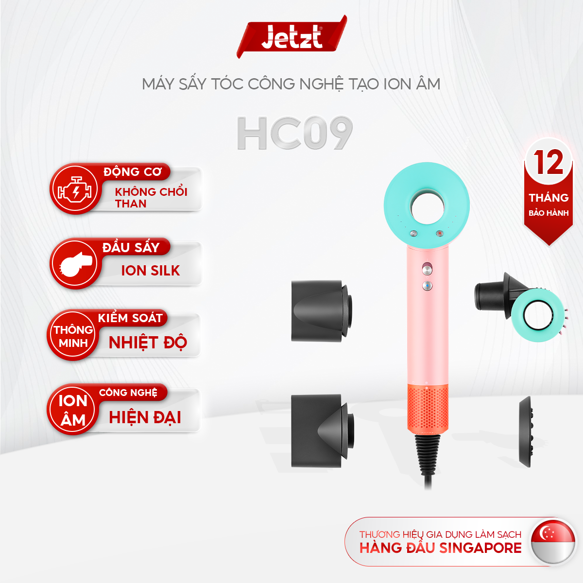Máy sấy tóc Jetzt Care HC09 - 2 chiều nóng lạnh, công nghệ ion sóng âm bảo vệ tóc, hàng chính hãng